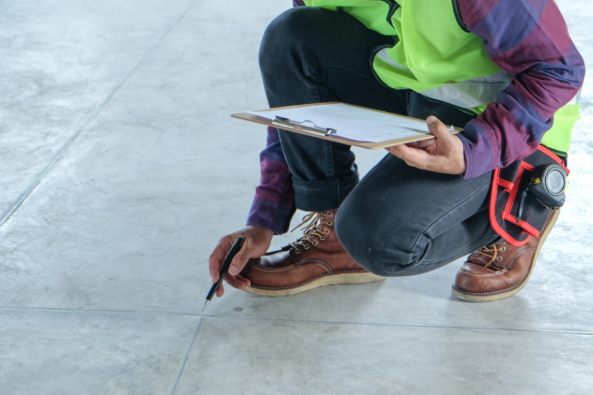 Ouvrier en équipement de sécurité haute visibilité accroupi sur dalle béton, effectuant inspection technique avec presse-papiers et stylo