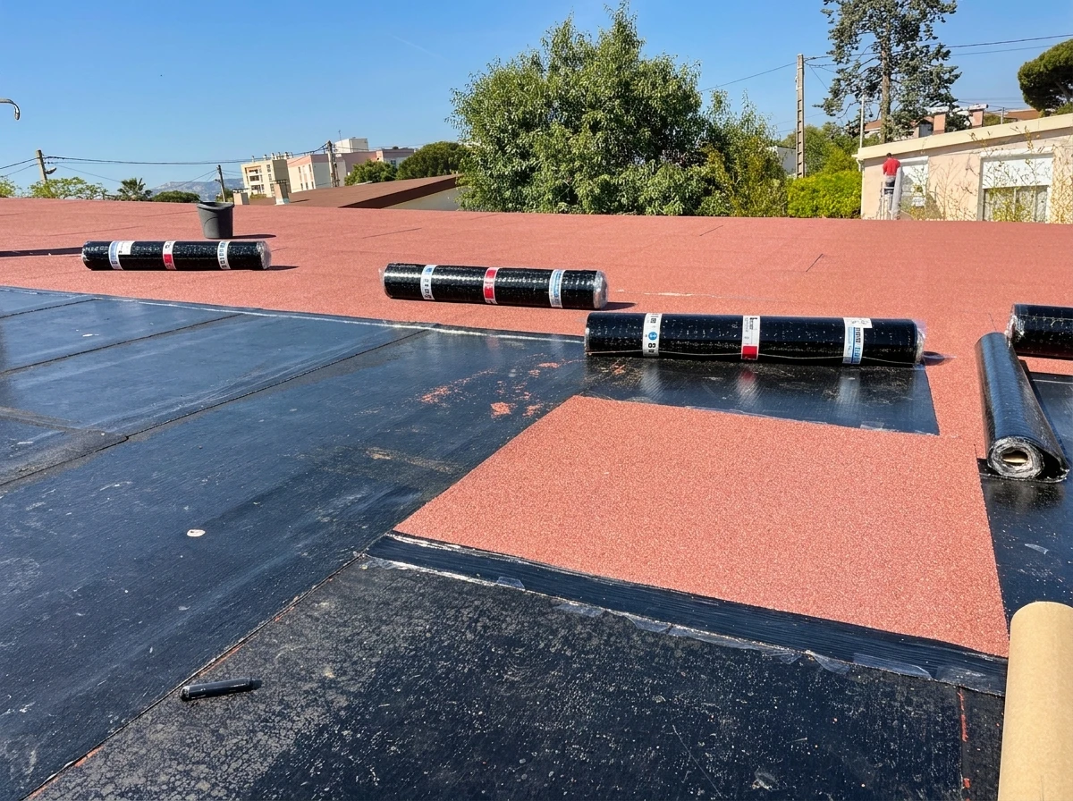 Ouvrier en tenue de protection applique un revêtement d'étanchéité bleu sur une toiture terrasse