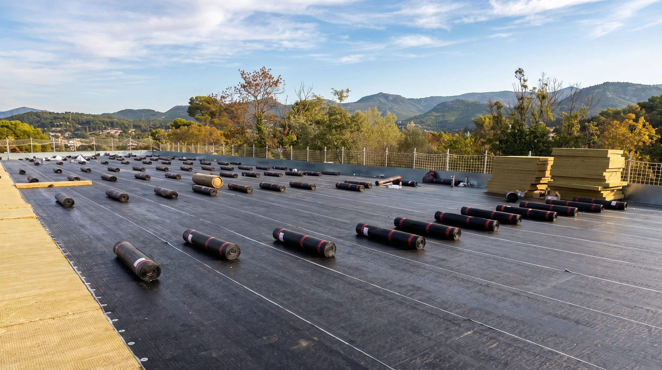 Terrasse sur toit avec vue panoramique sur montagnes et vallée urbaine