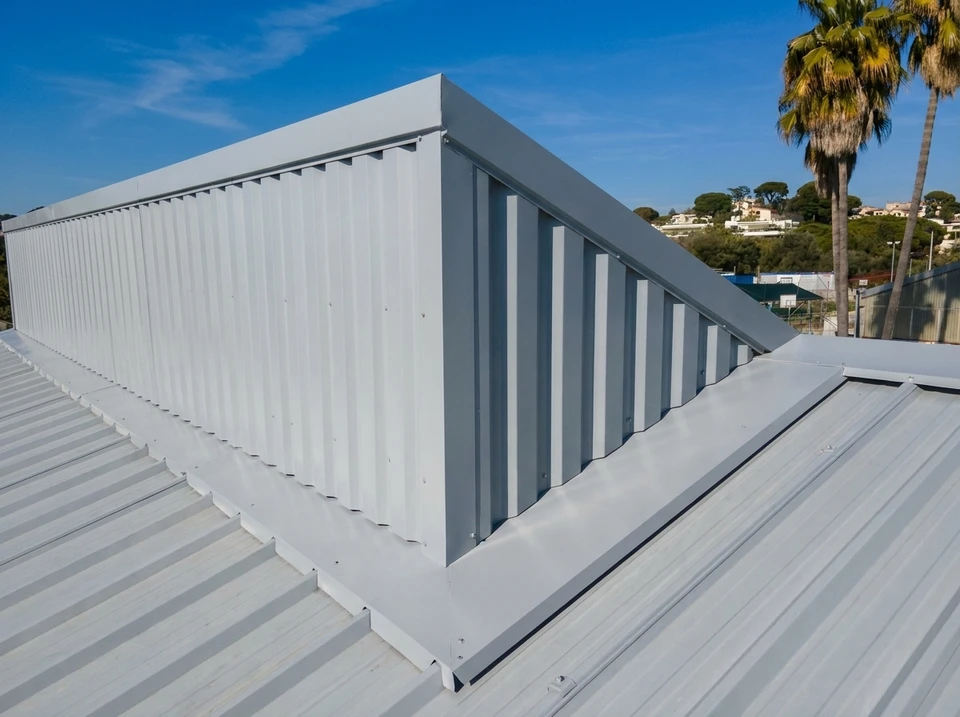 toiture en tôle sur construction commerciale avec ciel bleu