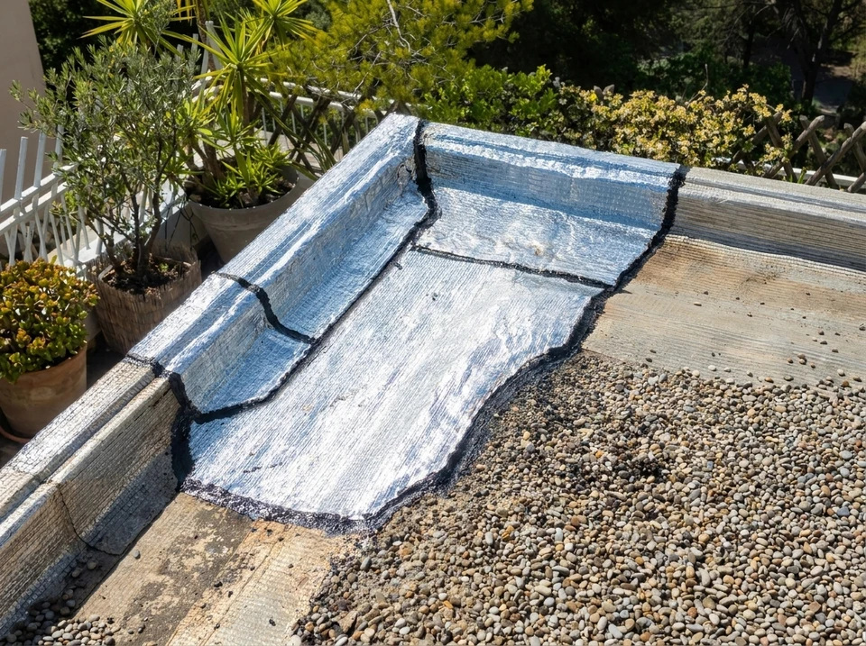 Scène extérieure montrant une surface de béton ou dalle avec traces d'efflorescence blanche, fissures et signes de dégradation